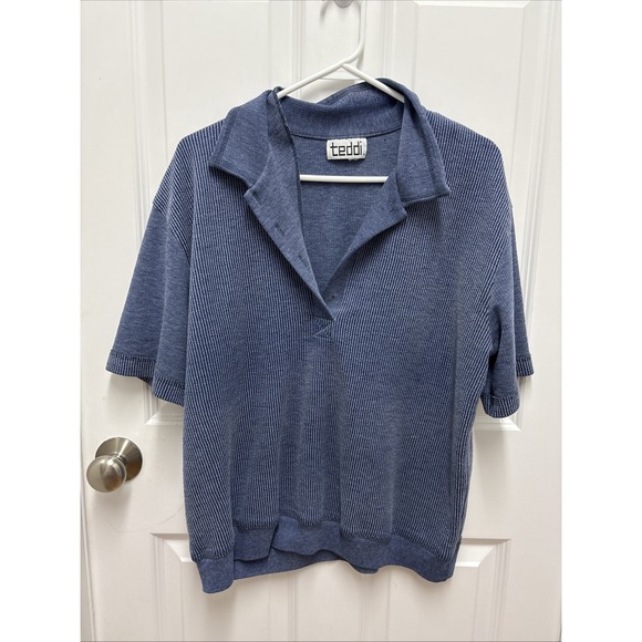 Teddi Other - Vintage Teddi‎ Blue Stonewashed Knit Polo Shirt Short Sleeve Collared Retro 80s